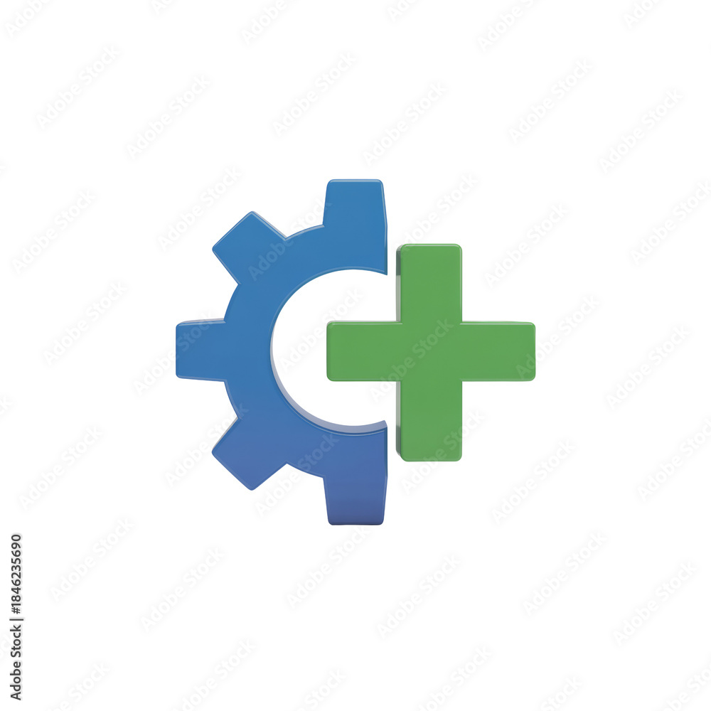 Obraz premium A blue settings gear icon and a green plus symbol signifying a new feature or addition