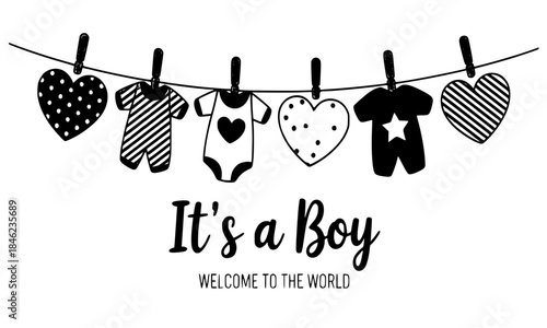 It's a Boy! Welcome to the World, Monochrome Baby Shower and Birth Announcement Banner, Hanging Baby Clothes Line, Heart, Romper, and Bodysuit Silhouettes, Newborn Celebration Template