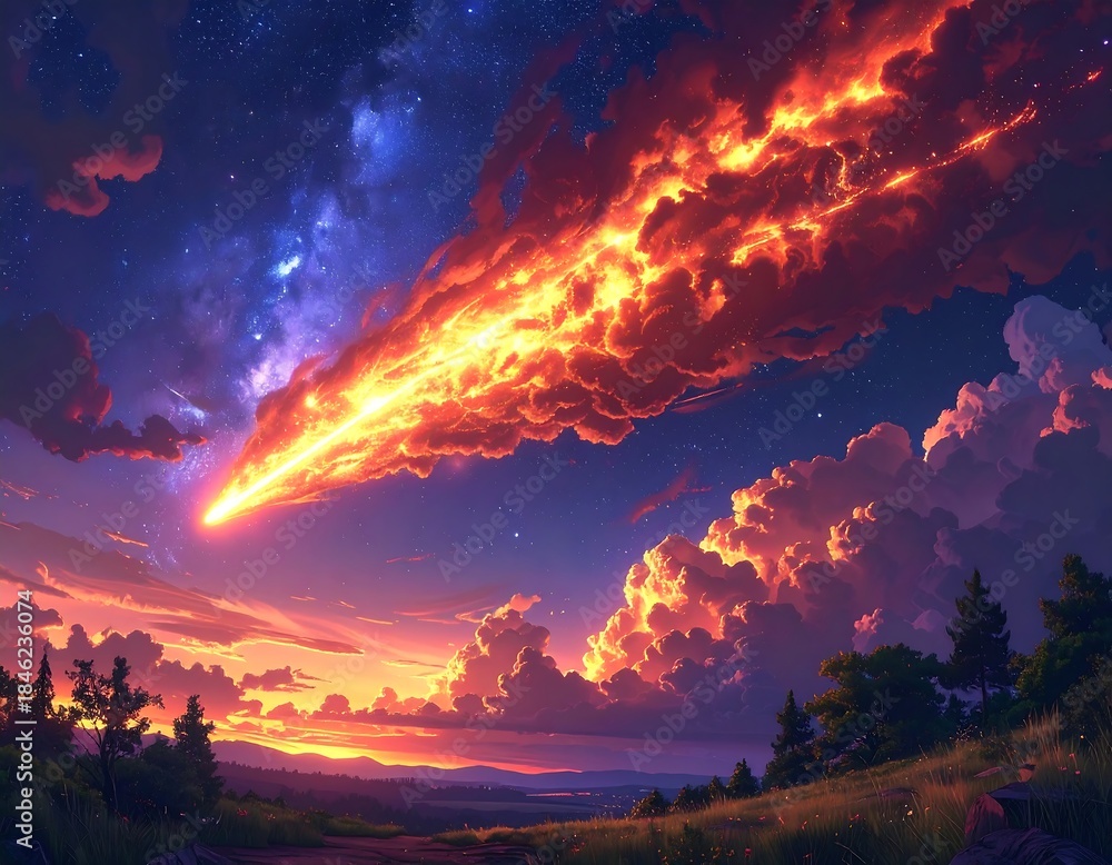 Naklejka premium Stunning celestial scene comet streaks through colorful sunset sky