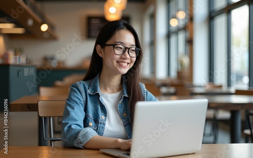 Pretty cheerful Asian woman in eyeglasses and casual clothes browses laptop computer connected to 4g internet updates software uses modern technologies poses in cafeteria looks gladfully away