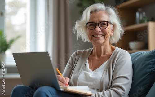 Happy stylish mature old woman remote working from home distance office on laptop taking notes. Smiling 60s middle aged business lady using computer watching webinar sit on couch writing in notebook.