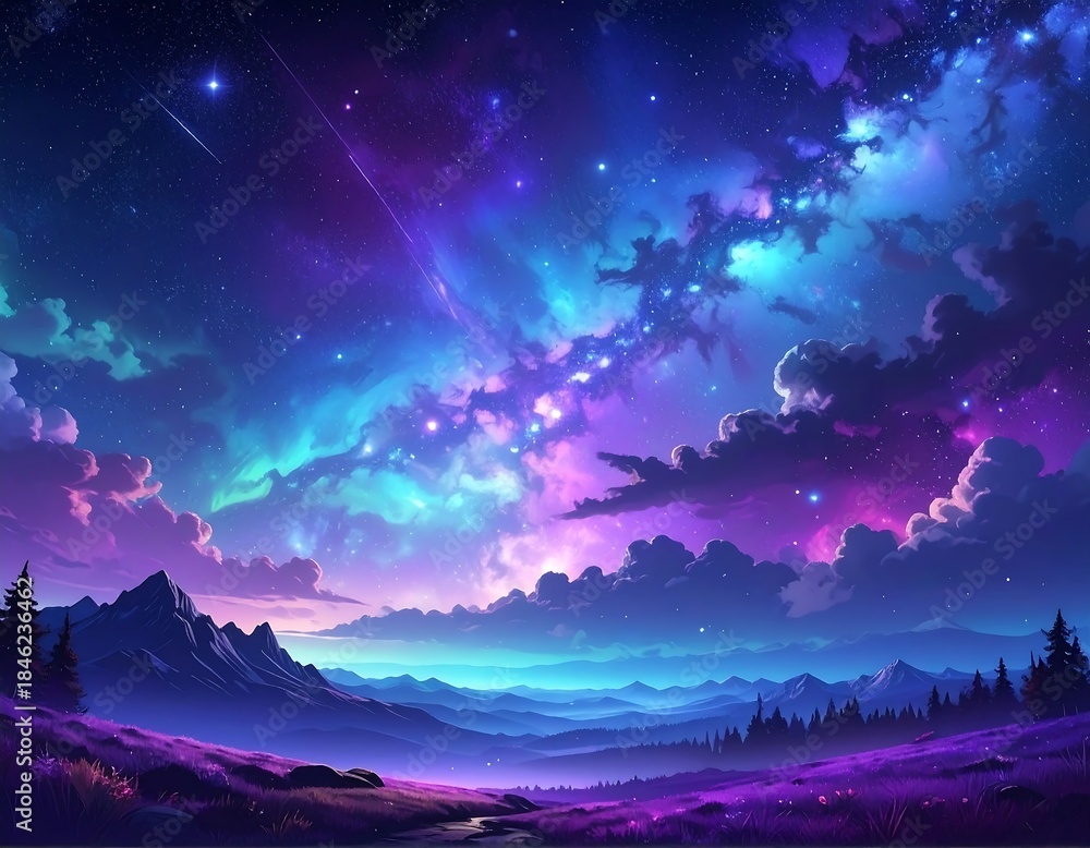 Fototapeta premium Stunning nightscape depicting a colorful nebula and a starry sky