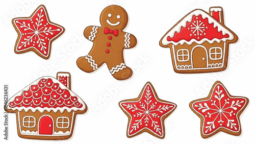 Gingerbread man and cookies. Christmas gingerbread decorations. Cookie icons. Red and white icing. Vector illustration. Holiday baking symbols. Gingerbread house. Star shapes. White