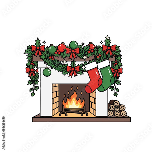 Christmas fireplace. Vector illustration of decorated mantel with stockings, garland, and fire. Holiday decoration. Winter season. Home interior. Festive atmosphere. Christmas and New Year