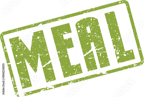 Green textured rubber stamp clearly presenting the word MEAL, representing food, dining, and culinary experiences or dishes