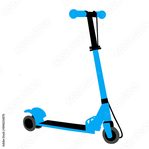 A brightly colored illustration of a blue and black kick scooter on a clean white background.