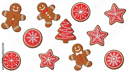 Christmas cookies and decorations. Gingerbread men. Red snowflake cookies. Christmas tree cookie. Star and round shape cookies. Vector illustration on white background.
