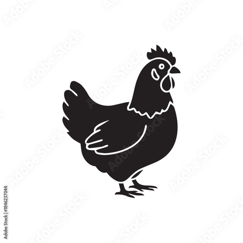 Single vector icon of a chicken | Includes a thin line art version next to a matching silhouette version. Minimal, clean, monochrome, isolated on white background, flat vector style
