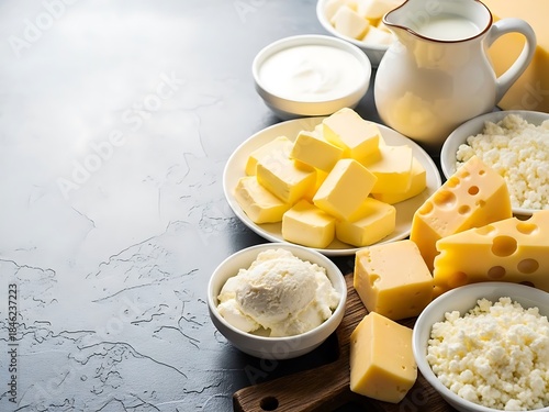Assortment of dairy products including butter and cheese