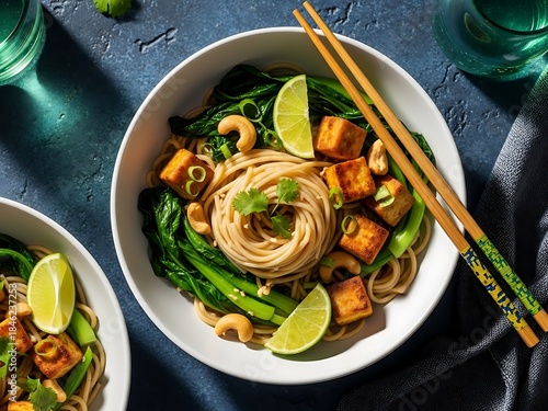 Delicious noodle dish with tofu and vegetables