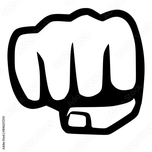 Bold monochromatic graphic illustration of a clenched fist or punch icon. Represents strength, power, resistance, protest, solidarity, fighting, and unity.