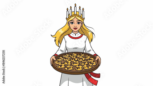Woman in white dress holding pizza. Blonde woman with crown. Pizza carrier. Royal pizza delivery person. Vector illustration on white background.