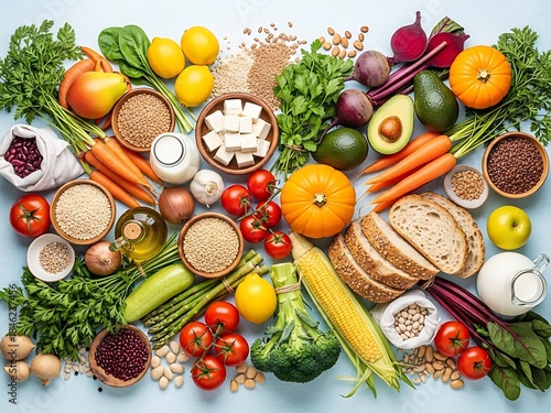 Assorted fruits vegetables grains and dairy products on table