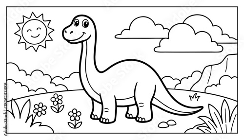 Bring vibrant colors to life with a friendly smiling dinosaur exploring a cheerful prehistoric landscape for young imaginations