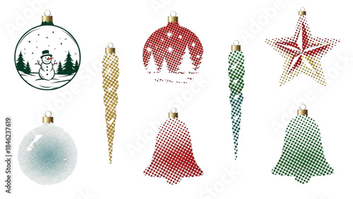 Joyful Christmas decoration set featuring diverse ornaments in a delightful dotted pattern, ideal for seasonal graphic projects