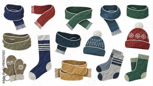 Collection of cozy winter clothing accessories for cold weather comfort