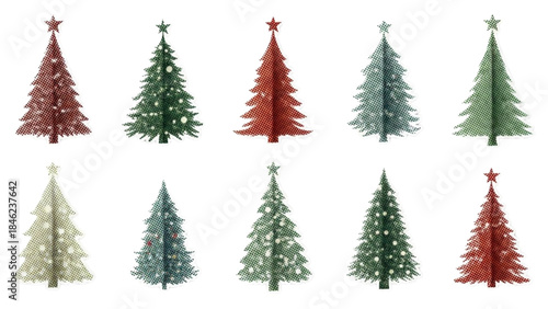 Festive decorated Christmas trees with sparkling lights and ornaments, various colors