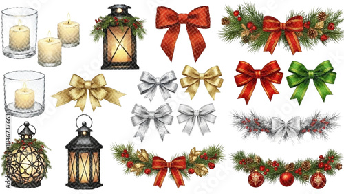 Christmas Decorations Lanterns, Bows, Garlands and Candles