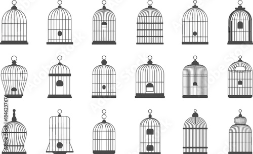 Assortment of Black Silhouette Bird Cages in Diverse Styles and Shapes animal enclosure
