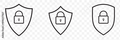 Padlock and shield line icon set for cybersecurity. Privacy protection, data safety, secure access, web security symbols. Linear outline style vector illustration for UI and apps.