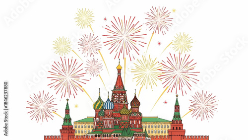 Moscow Kremlin illustration. Russian landmark. Colorful fireworks display. Vector design. Celebration background. Holiday greeting card. New Year and Christmas decoration. Festive scene.