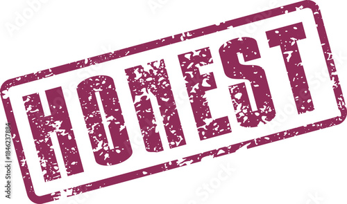 A distressed purple honest word rubber stamp impression on a clean white surface