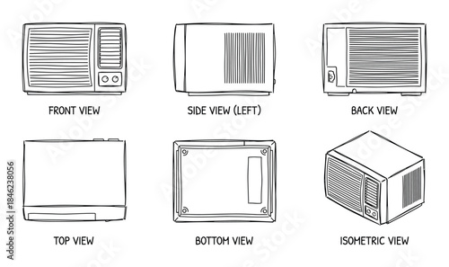 Air Conditioner Technical Drawing Orthographic Projection Views Including Isometric View