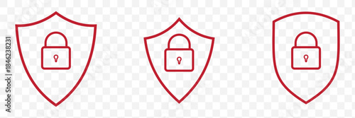 Padlock and shield line icon set for cybersecurity. Privacy protection, data safety, secure access, web security symbols. Linear outline style vector illustration for UI and apps.
