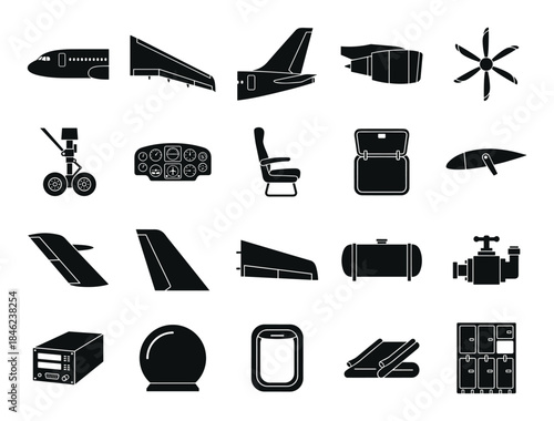 Airplane Parts and Components Silhouette Icon Set on Isolated White Background