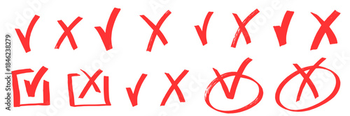 Sketchy x shapes and v icons blend with casual check marks and check symbols, featuring marker strokes, marker edges, and textured brush lines with brush doodles.