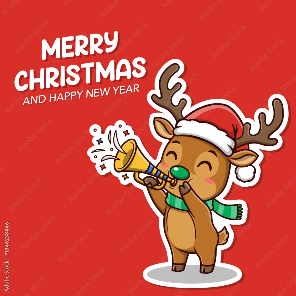 Fototapeta premium Cute Christmas Reindeer with Holiday Trumpet