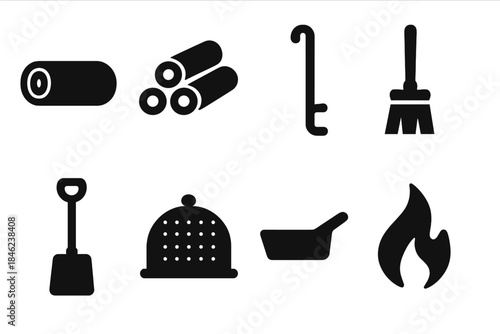 Fireplace Accessories Icons. Fireplace Accessories. Filled icon set of Fireplace Accessories: firewood log,