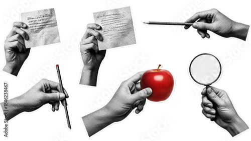 Halftone Collage Hands Holding Objects for Thinking, Writing, Analysis, and Education Concepts