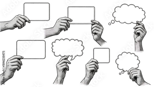 Halftone Collage Hands Holding Blank Message Cards and Speech Bubbles for Custom Text