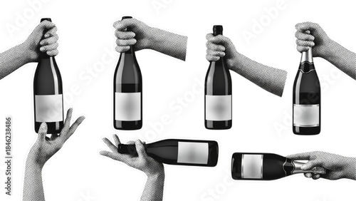 Halftone Collage of Human Hands Holding Beverage Bottles on White Background