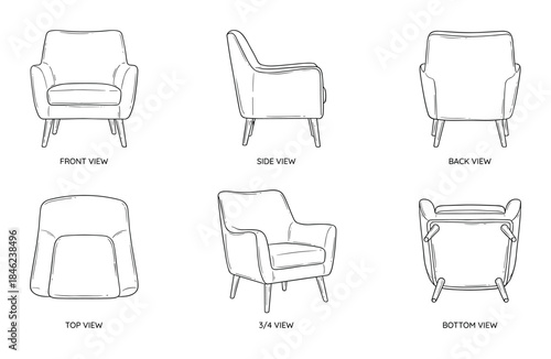 Armchair Technical Drawing Various Views Front Side Back Top 3/4 and Bottom View