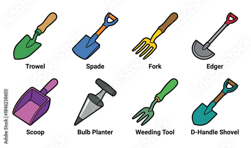 Assorted Gardening Tools Vector Illustration Icons Set, Trowel, Spade, Fork, Edger and More