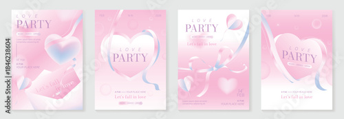 Valentine's Day sale poster vector set with pastel pink purple gradient background heart shapes clouds and ribbon elements. Romantic promotion design for social media posts stories banners and flyers.