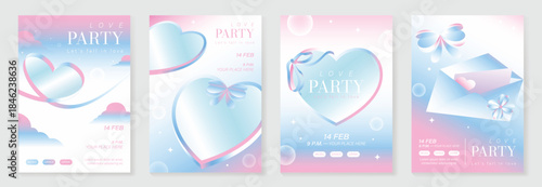Valentine's Day sale poster vector set with pastel pink purple gradient background heart shapes clouds and ribbon elements. Romantic promotion design for social media posts stories banners and flyers.
