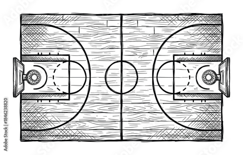 Basketball Court Illustration: Top View of Hardwood Floor, Line Markings and Hoops