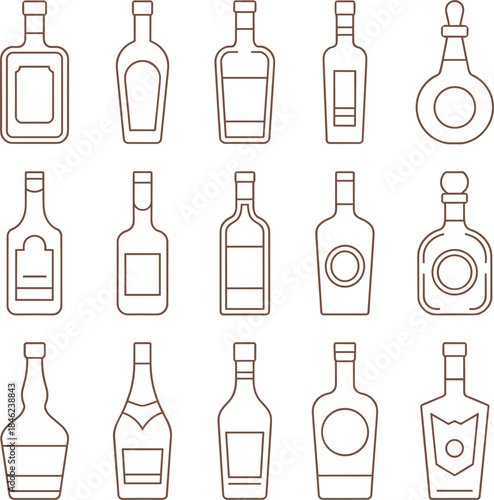 Collection of Outline Icons of Various Liquor Bottles on White Background alcohol drink