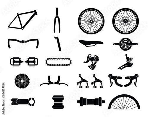 Bicycle Parts Silhouettes Set Isolated on White Background Vector Illustration