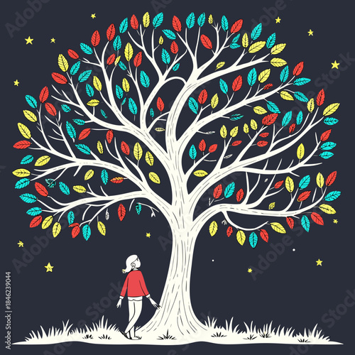 Woman standing under colorful tree at night colorful leaves 1