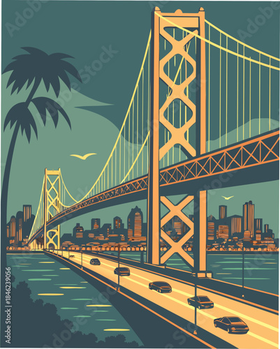 Bay Bridge San Francisco with palm tree and city skyline 1