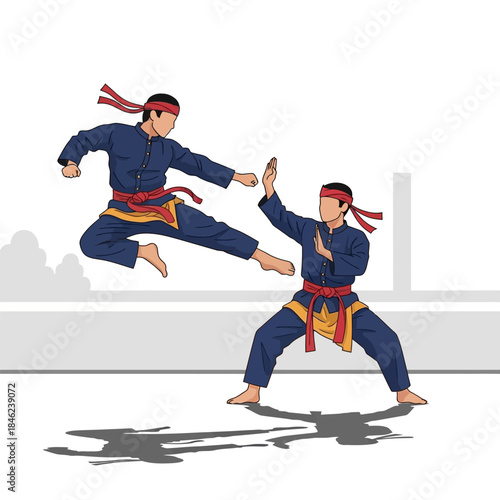 Dynamic vector illustration of two martial artists demonstrating powerful kicks and defensive blocks. Capturing traditional combat training, skill, and discipline in an active pose