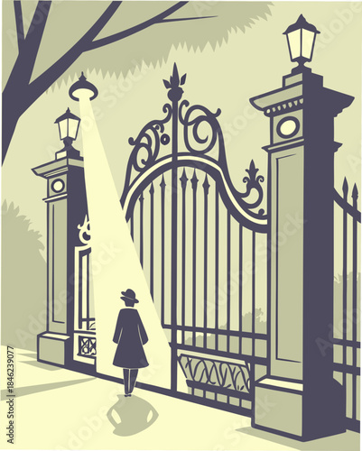 Woman standing before ornate wrought iron gate with street lamps