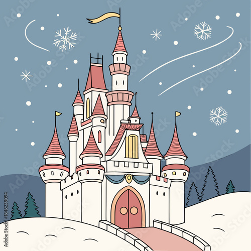 Cartoon white castle with red roofs and towers on snowy hill 1