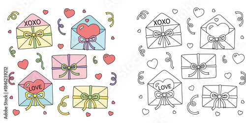 Hand drawn Valentine's day love letters and gift boxes set. Colorful and black white outline for coloring page. Cute romantic envelopes with hearts, ribbons and XOXO text doodle vector illustration.
