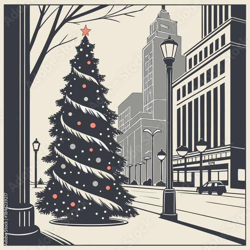 Christmas tree on city street with buildings and streetlights 1