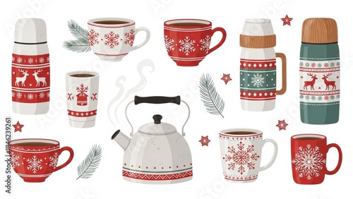 Cozy Winter Drinkware Collection with Festive Snowflake and Reindeer Patterns for Holiday Season, Scandinavian Nordic